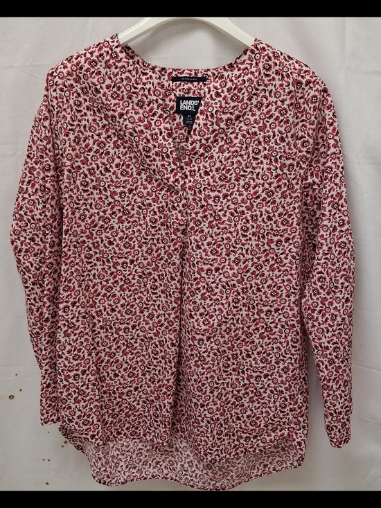 Lands' End Tops - Lands End Womens Red Floral No Iron Supima Cotton V-Neck Tunic Blouse M 10-12